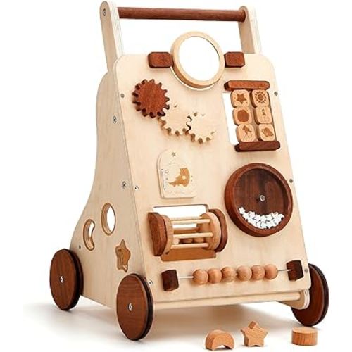 Woodtoe Wooden Baby Walker, Adjustable Push and Pull Learning Activity Center Walker Toy, Natural Wood Sit to Stand Walker for Baby Learning to Walk, Educational Birthday Gift for Toddler Boy Girl 1+