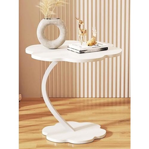 Flower Shape Small C-Shaped Side Table,Small Side Tables Bedroom, Sofa C End Table,Bedside Table for Living Room Kitchen Garden Bedroom,Small Accent Table (White)