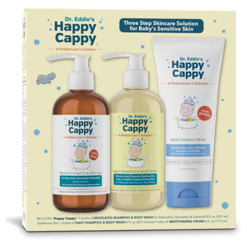 Happy Cappy Three Step Skincare Solution Bundle- Baby Dandruff Shampoo, Eczema Body Wash and Lotion for Kids, Toddler, Adults, Moisturizing Cream, Reduces Itching, Dermatologist Tested, Fragrance-Free : Health & Household