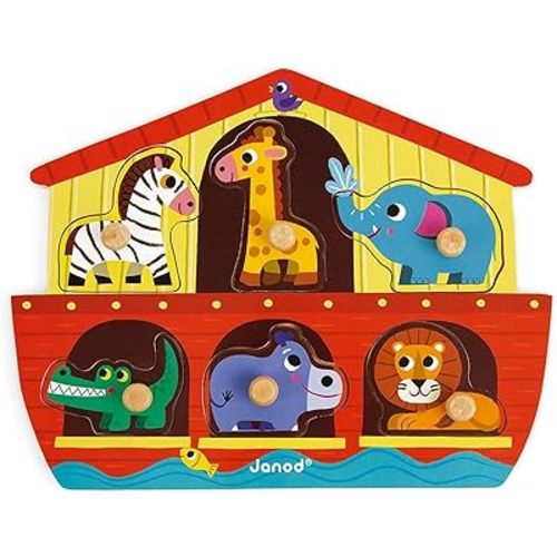 Janod 6 Piece Noah’s Ark Puzzle Themed Wooden Peg Colorful Jigsaw Puzzle - Encourages Shape Recognition, Dexterity, and Language Development - Preschool Kids and Toddlers 18 Months+