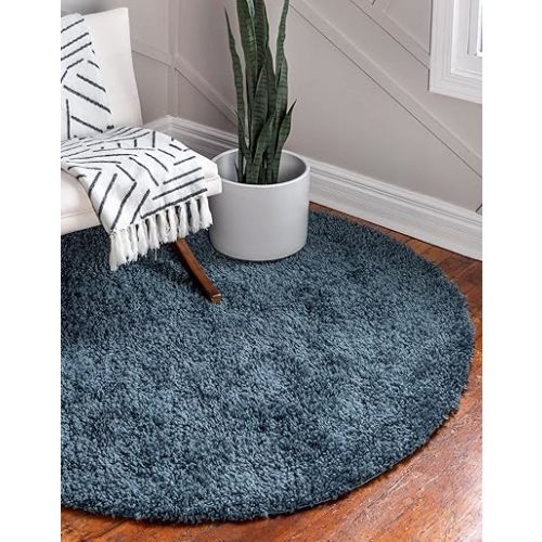 Rugs.com Zermatt Shag Collection Rug – 6' 7 x 6' 9 Round Marine Blue Shag Rug Perfect for Kitchens, Dining Rooms