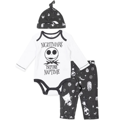 Disney Nightmare Before Christmas Jack Skellington Sally Zero Bodysuit Pants and Hat 3 Piece Outfit Set Newborn to Infant