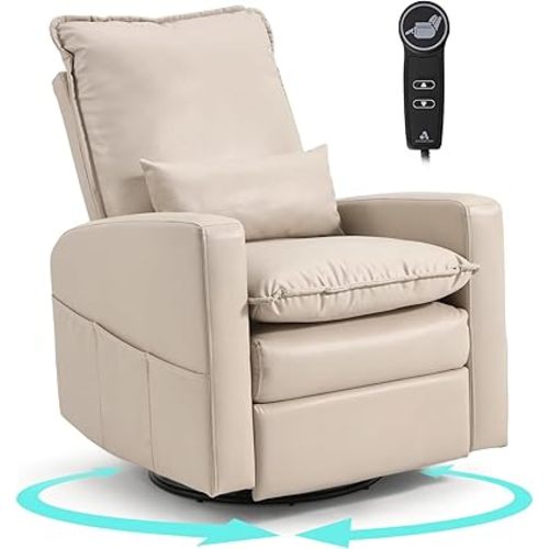 Esright Electric Recliner Chair, Swivel Rocker Chair for Adults, Small Rocking Recliner for Small Spaces, PU Leather Glider Recliner Nursery Chair with Side Pockets for Living Room(Beige White)