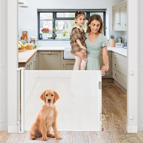 Retractable Baby Gates for Doorways 33” Tall X 55” Wide Retractable Baby Gate for Stairs Outdoor Dog Gate Indoor Doorway Mesh Gates for Kids or Pets to Providing a Safe Environment to Play, White