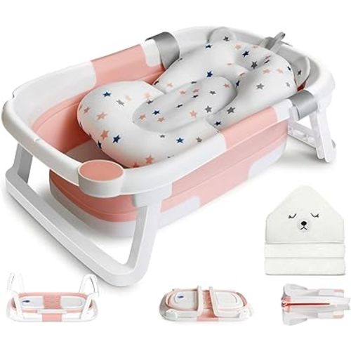 Collapsible Baby Bathtub for Newborns, Portable Infant Bathtub with Soft Bath Cushion Support for 0-24 Months, Toddler Bath Tub with Stand Indoor Travel (Pink)