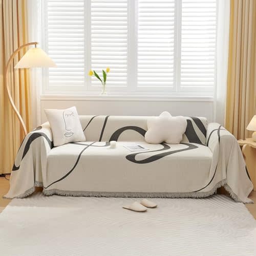 VClife Cozy Chenille Couch Cover Modern Beige Cream Black Stripe Jacquard Sofa Slipcover Warm Fur-Resistant Dog Couch Cover for 2 Cushion Couch Sofa Simple Unique Furniture Protector Cover 71"x 118"