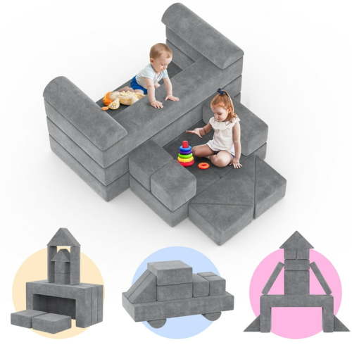 Kids Couch Sofa 12PCS, Convertible Toddler Couch Chair to Recliner, DIY Creative Nugget Kids Couch, Modular Kids Play Couch for Playroom, Gray