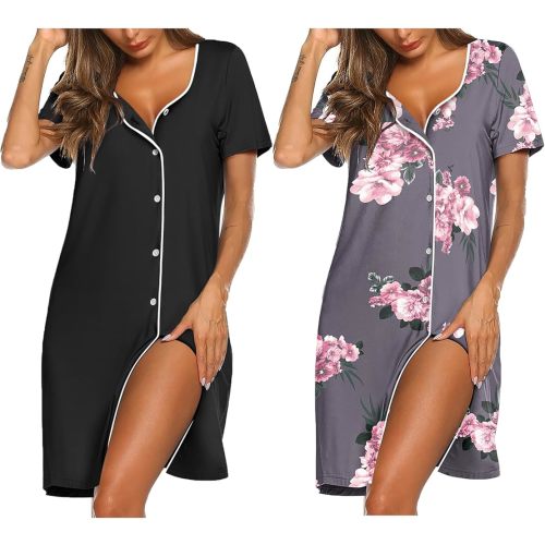Ekouaer Nightgowns for Women 2 Pack Button Down Sleepshirt Short Sleeve Nightshirt Soft Sleepwear V Neck Pajama Dress