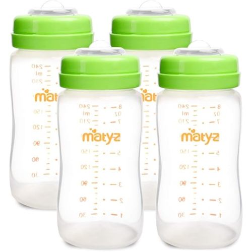Matyz 4-Pack Breastmilk Storage Bottles with Lids (Green, 8oz Each) - Wide Mouth Breastmilk Collection Storage Bottle - Leakproof Breast Pump Bottle for Spectra Medela Philips Breast Pumps