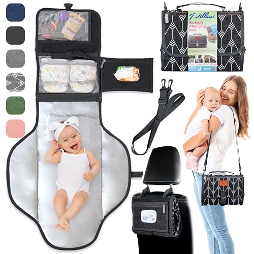 Portable Changing Pad for Baby, Travel Diaper Changing Pad for Newborn, Large Waterproof Baby Changing Mat, Foldable & Detachable Diaper Changing Station with Baby Wipes Pockets, Baby Stuff by Pillani