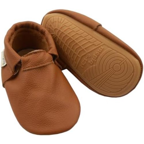 Infant Baby Moccasins with Rubber Sole - Soft Leather Anti Slip Crib Walking Baby Shoes Brown