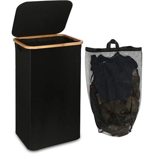 Laundry Basket with Lid and Removable Bag, 100L Tall Laundry Hamper with Bamboo Handles, Aesthetic Dirty Clothes Bin for Laundry Room, Bathroom, Bedroom and Dorm, Black