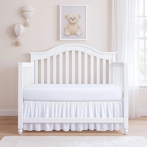Rajlinen Ruffled Crib Bed Skirt, Microfiber, Dust Ruffle with Split Corners, 14" Drop, Nursery Toddler Bedding for Baby Boys or Girls, White