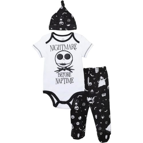 Disney Nightmare Before Christmas Zero Sally Oogie Boogie Baby Bodysuit Pants and Hat 3 Piece Outfit Set Newborn to Infant - 0-3 Months - White/Charcoal