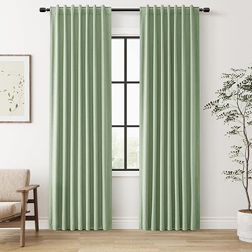 Guken 100% Blackout Linen Curtains 84 Inch Length 2 Panels Set for Living Room Bedroom Back Tab Thermal Insulated Black Out Linen Drapes Room Darkening Window Curtains 84 Inches Long,Light Sage
