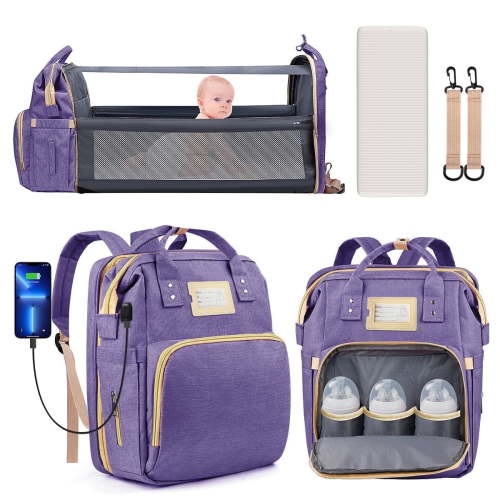 Diaper Bag Backpack, Multifunctional Baby Changing Bag with Foldable Crib & Insulated Milk Bottle Pocket, Large Capacity Travel Backpack with USB Charging Port & Stroller Strap (Purple)