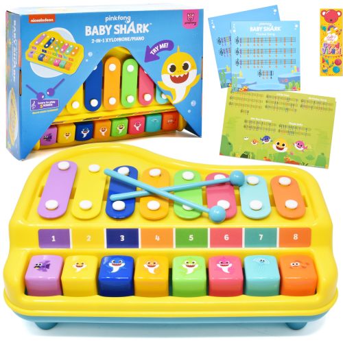 Baby Shark 2 in 1 Baby Piano Xylophone Toy for Kids Toddlers Girls Boys First Musical Instrument Multicolored Keys Keyboard Sheet Music Two Mallets