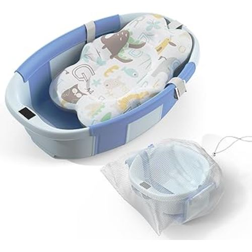 Collapsible Baby Bathtub, 3s to Install, Baby Bath Tub with Soft Cushion & Thermometer, 0-36 Months Newborn Bathtub,Portable Travel Baby Tub, Blue