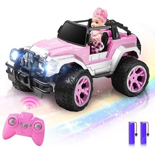 Carox Remote Control Car for Girls, 160 mins Pink RC Car with Doll and Sticker, 1:16 Scale RC Convertible Truck with Rechargeable Batteries, Birthday for Ages 4-12 Years Girls
