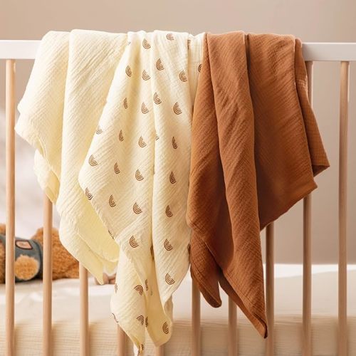 HBselect 3-Pack Cotton Months Baby Muslin Swaddle Blankets, Newborn Receiving Blanket Swaddling Wrap for Boys and Girls, Baby Essentials, Registry & Gift (Rainbow, Creamy White, Dark Brown) - Rainbow + Milky White + Dark Brown