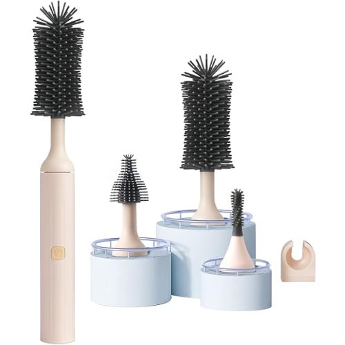 Electric Baby Bottle Brush Cleaner Set with Electric Bottle Brush, Silicone Water Bottle Cleaner,Nipple/Gap/Straw Brush,Rechargeable Automatic Bottle Cleaner Brush, Pink
