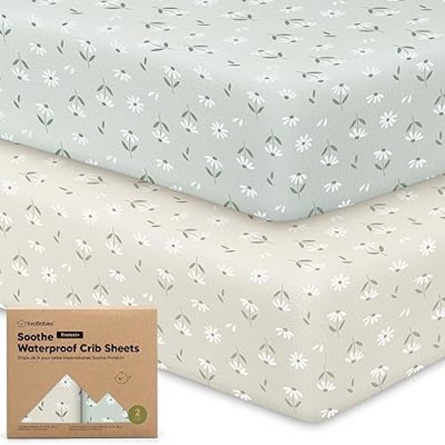 2-Pack Waterproof Crib Sheets for Boys, Girls - 52x28 Fitted Organic Cotton Baby Crib Sheets, Toddler Mattress Protector Cover, Washable, Soft & Durable Baby Bedding Essentials (Daisies)