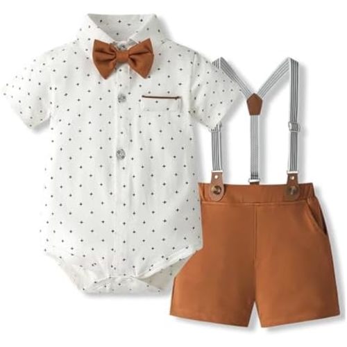 Volunboy Baby Boy Formal Short Set Toddler Summer Gentleman Outfit Kid Short Sleeve Bowtie Shirt Suspender Shorts Suit