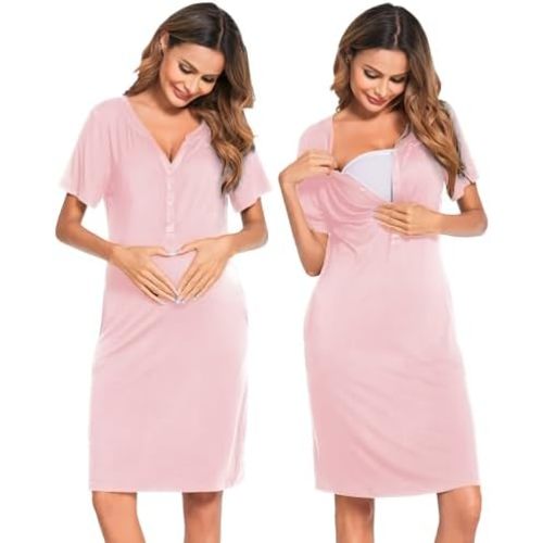 Ekouaer Nursing Nightgown Striped Women Short Sleeve Breastfeeding Sleep Dress Maternity Delivery/Labor Gown