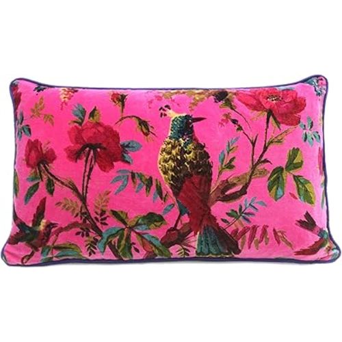 Eyes of India Velvet Floral Flower Bird Throw Pillow Sofa Cushion Cover Case Couch Colorful Boho Chic Bohemian Accent Indian Handmade (Pink, 20" x 12")