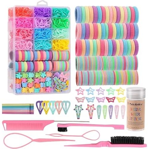Hair Accessories for Girls, 1350P Colorful Hair Ties Set with 72P Hair Clips, Bobby Pins for Toddlers, Hair Wax Stick, Butterfly Hair Clips for Kids, Hair Barrettes with Hair Comb Set & Organizer Box