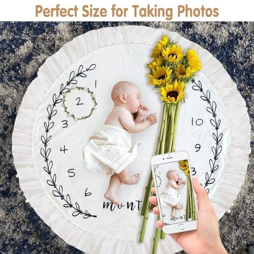 HAN-MM Baby Milestone Girl Flowers Monthly Blanket with Double-Sided Milestone Cards and Circle Ring Play Mat Large(43.3" X43.3') Double Sided Pom Pom Ball Thick Flannel Round Rug for Boy Girl