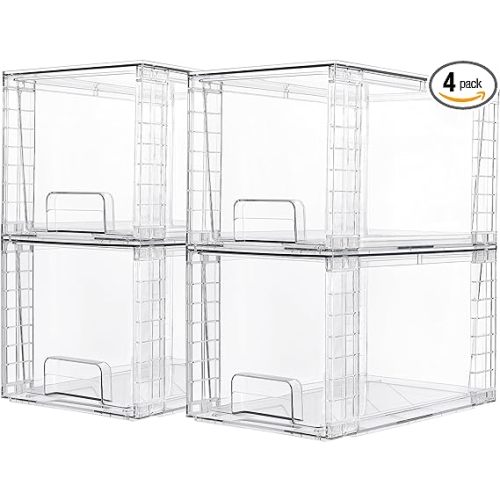 Vtopmart 4 Pack Large Stackable Storage Drawers,Easily Assemble Acrylic Bathroom Closet Undersink Organizers and Storage,Plastic Bins for Kitchen Cabinets,Pantry,Makeup,Medicine Organization