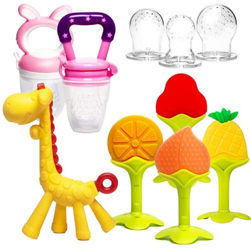 HONGTEYA Teething Toys for Babies 0-6 Months 6-12 Months 6 Pack- 4 Teethers, 2 Fruit Feeders for Newborn Infants BPA Free Natural Organic Freezer Silicone Baby Teethers Set(Pink) - pink