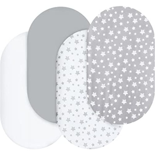 Bassinet Sheets Set 4 Pack for Baby Boy or Girl, Universal Fit for Oval, Hourglass and Rectangular Mattress, Grey