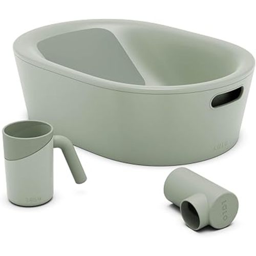 Lalo Bathtime Starter Kit - Modern Baby Bathtub, Rinse Cup & Spout Cover Bundle, Safe & Clean Design for Newborns, Minimalist Design, Easy to Clean, 25.3 x 18 x 7.7 in, 10 lb - Sage