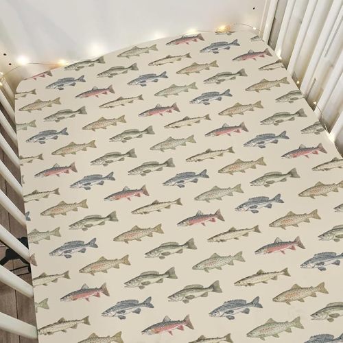 Lake Fishing Baby Crib Sheets for Boy Girl 52"x28" Freshwater Fishes Soft Snug Fitted Crib Mattress Covers Hunting Camping Nursery Baby Sheet for Crib & Toddler Bed Mattress Fishing Lover Gift