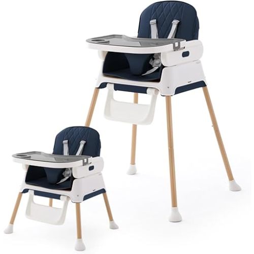 3 in 1 Portable Baby High Chair for Babies and Toddlers, Adjustable Convertible Infant Baby Feeding Chair Booster for Eating with Detachable Double Tray, 5 Point Harness,Blue