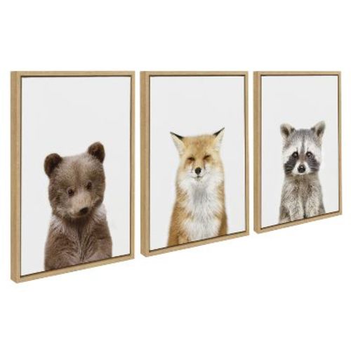 Kate And Laurel Sylvie Studio Bear, Studio Fox And Studio Raccoon Framed Canvas By Amy Peterson Art Studio, 3 Piece 18x24, Natural