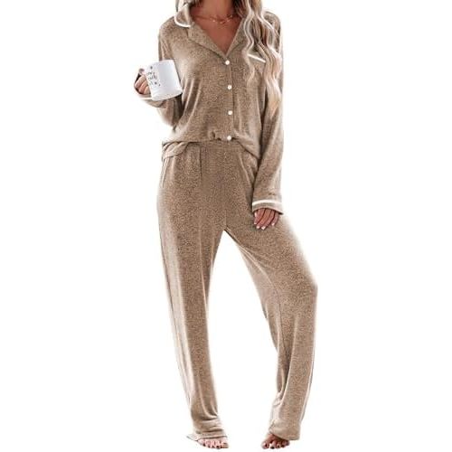Ekouaer Women's Pajama Sets Long Sleeve Button Down 2 Piece Pjs Soft Lounge Sets Notch Collar Sleepwear