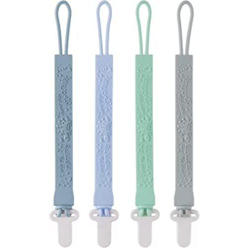 4-Pack Silicone Pacifier Clips with One-Piece Beads for Baby Boys and Girls - Flexible and Rust-Free Holders for Teething Relief and Baby Essentials, Safe for Newborns (Flat, Grey)
