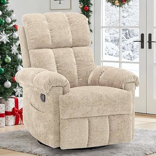 Recliner Chair, Swivel Rocker Recliner Chair for Adults, Small Recliners for Small Spaces, Manual Recliner with Side Pockets, Upholstered Nursery Rocking Chair for Living Room, Chenille, Khaki