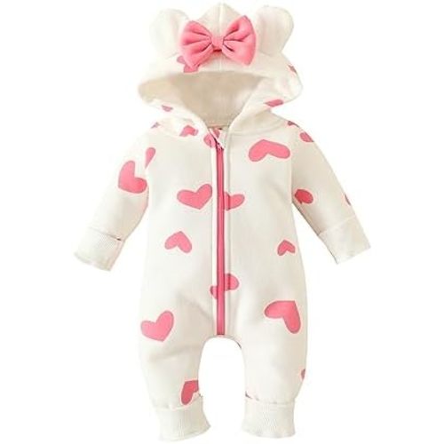 Newborn Baby Girl Hooded Jumpsuit Heart Cow Zip Up Long Sleeve Infant One Piece Romper Snowsuit Valentines Day Outfit