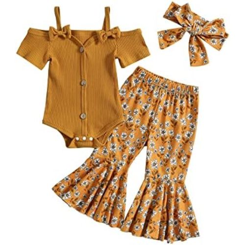 Fernvia Infant Baby Girl Clothes Suspenders Short Sleeve Ribbed Romper Flared Pants Set Headband 3pcs Summer Outfit