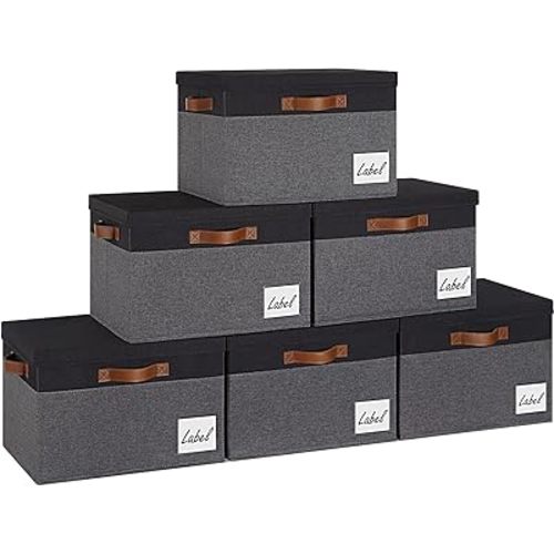 GhvyenntteS Storage Bins with Lids 6 Pack, Large Storage Baskets with Lid and 3 Handles, Foldable Fabric Storage Boxes with Lid and Label for Home Office (Grey&Black, 15" x 11" x 9.7")