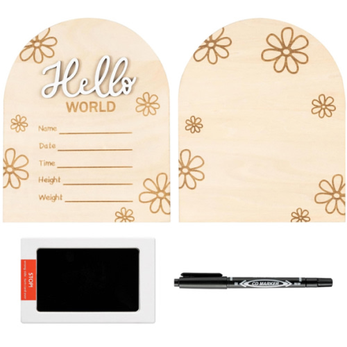 R HORSE Baby Birth Announcement Sign with Marker Pen, 3D Wooden Hello World Birth Sign with Ink Pad for Hand and Footprints, Double-Sided Daisy Newborn Name Announcement for Baby Shower Keepsakes