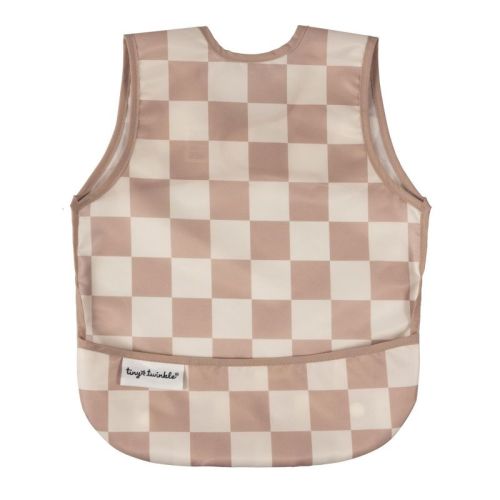 Tiny Twinkle Mess-Proof and Waterproof Baby Bib/Apron, Machine Washable and BPA-Free (Beige Checkers, Small 6-24 Months)