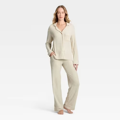 Women's Cozy Ribbed Notch Collar Long Sleeve Shirt and Pants Pajama Set - Auden™