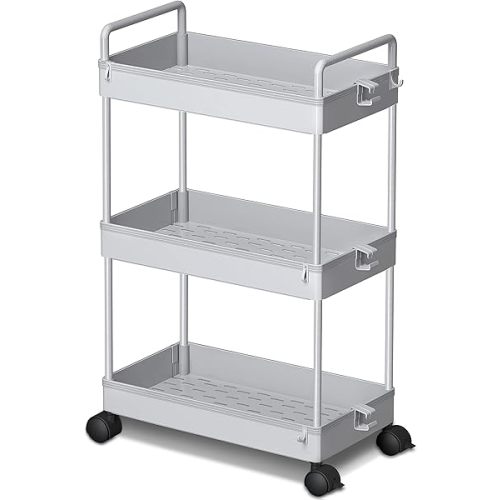 Ronlap 3 Tier Slim Rolling Storage Cart with Wheels Plastic Utility Cart Organizer for Snack Craft Art Postpartum Baby Diaper Nail Makeup in Bathroom Laundry Room Kitchen Bedside Narrow Space, Grey