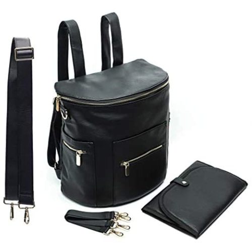 BLACK Diaper bag, Leather Diaper Bag Backpack by MF Store, Diaper Backpack with Laptop Sleeve,Changing Pad,Wipes Pouch,Stroller Straps and Insulated Pockets