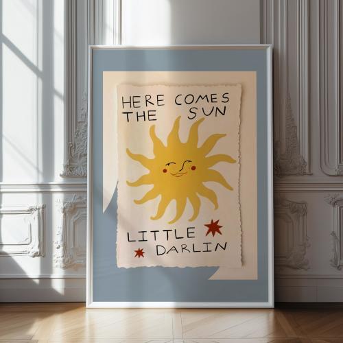 Here Comes The Sun Little Darlin Nursery Print, Boho Sunshine Wall Art, Modern Kids Room Decor, Positive Quote Digital Poster